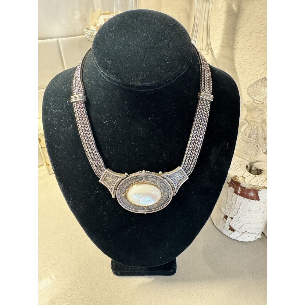 Savati 14kGold, Sterling Silver Multi Chain Byzantine Necklace Mother Of Pearl - Picture 5 of 6